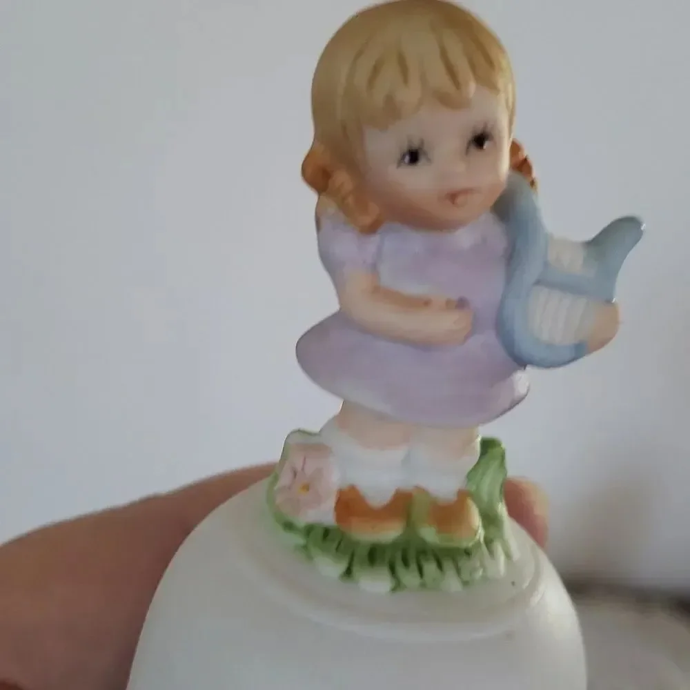 Cute Pair Vtg Homco Porcelain Bells Boy Girl Playing Instruments Floral Design